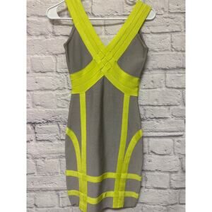Bebe Grey & Neon Lime Green Mini Bodycon Bandage Dress, NWOT SZ XS
